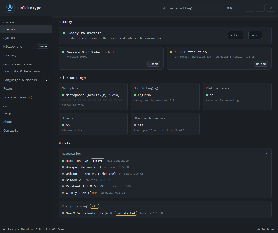 The HoldToType settings window, Status tab, Editor design
